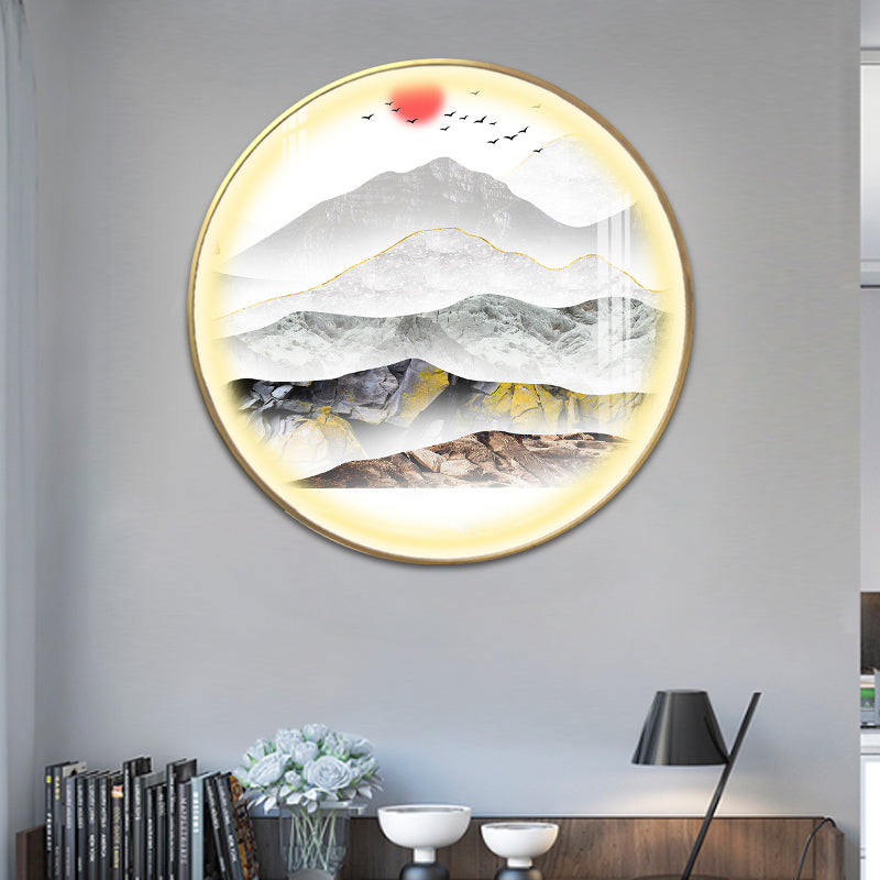 Gold Round Wall Mount Light Fixture Oriental LED Metallic Wall Mural Lamp with Mountain and Sun Pattern Clearhalo 'Wall Lamps & Sconces' 'Wall Lights' Lighting' 1197854