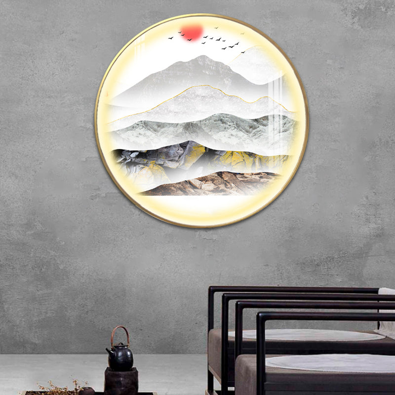 Gold Round Wall Mount Light Fixture Oriental LED Metallic Wall Mural Lamp with Mountain and Sun Pattern Clearhalo 'Wall Lamps & Sconces' 'Wall Lights' Lighting' 1197855