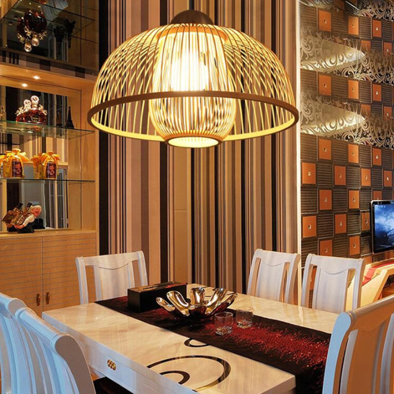 Single Head Dome Shade Hanging Lamp Asian Bamboo Ceiling Drop Light over Dining Table Clearhalo 'Ceiling Lights' 'Pendant Lights' 'Pendants' Lighting' 119789