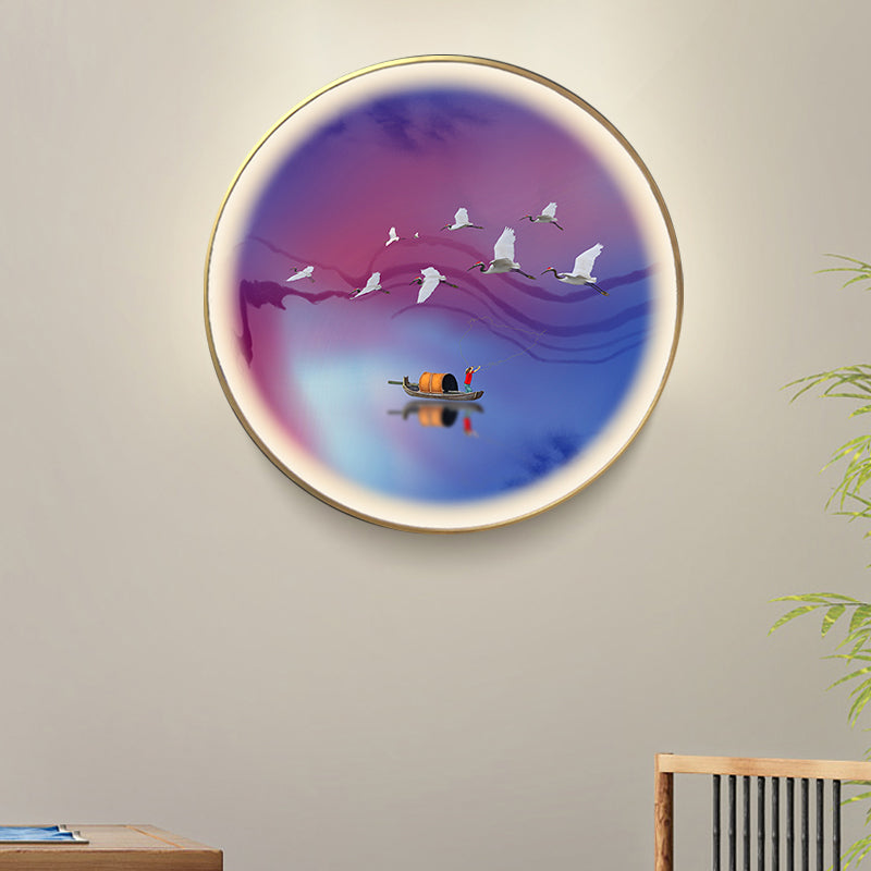 Purplish Blue Circular Wall Mural Light Asia LED Metallic Wall Lamp with Crane and Boat Pattern Clearhalo 'Wall Lamps & Sconces' 'Wall Lights' Lighting' 1197893