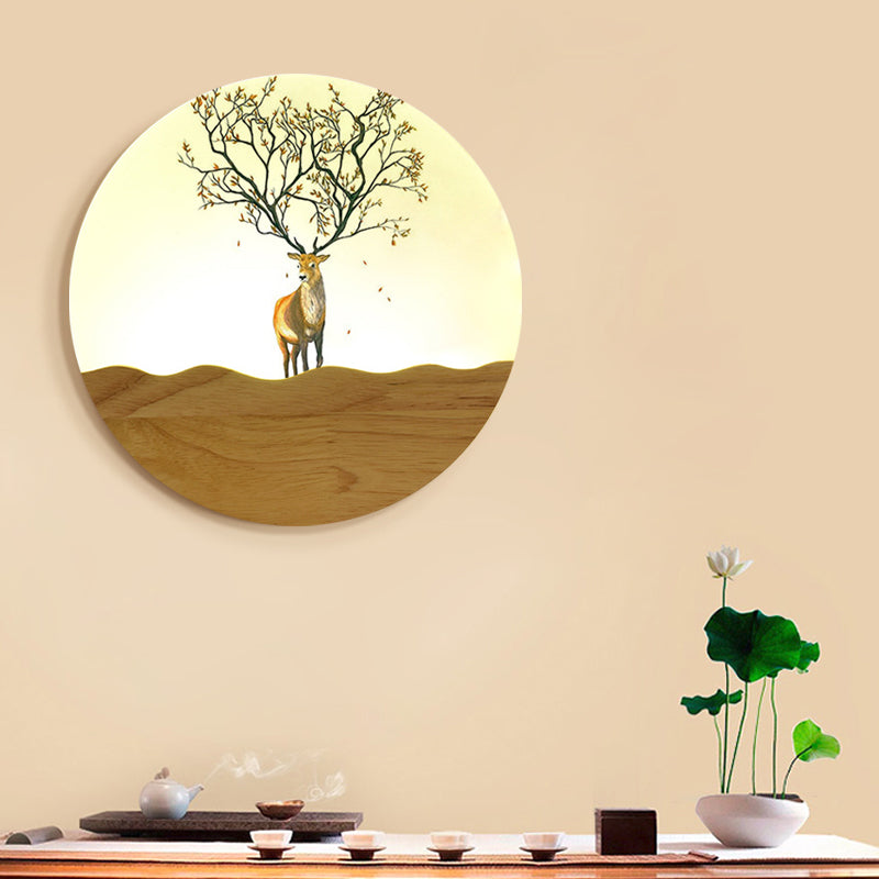 LED Bedside Wall Lighting Idea Minimalist Style Wood Elk Deer and Tree Patterned Mural Lamp with Round Metal Shade Clearhalo 'Wall Lamps & Sconces' 'Wall Lights' Lighting' 1197960