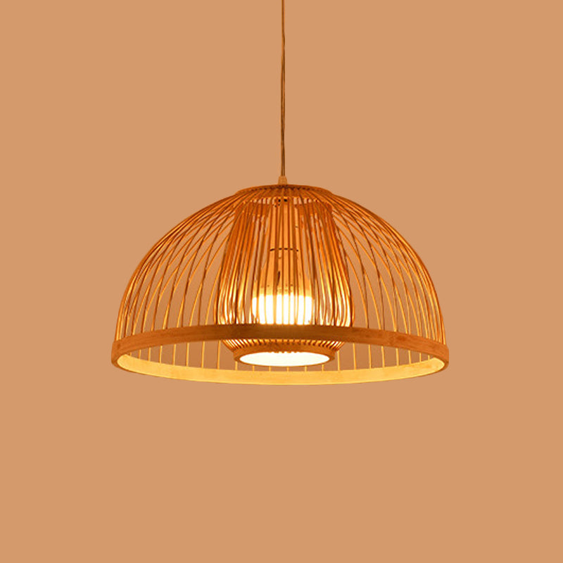 Asian Style Domed Hanging Light Bamboo Single Bulb Pendant Lamp over Dining Table, 16