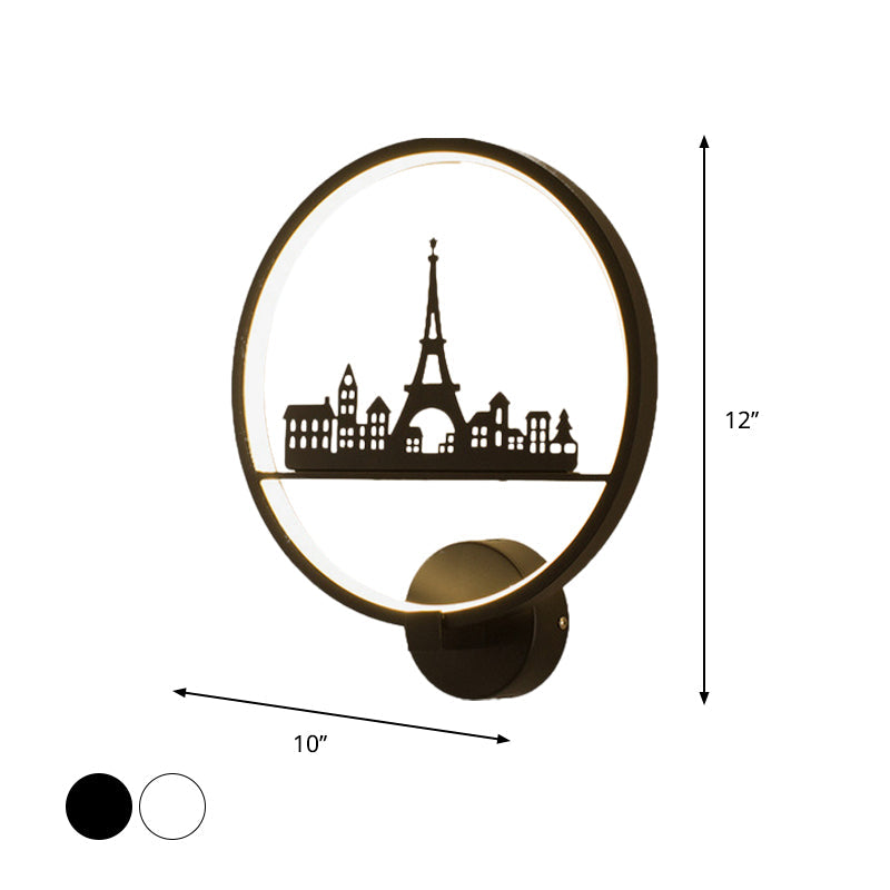 White/Black Round Wall Mural Lamp Nordic LED Metal Wall Mounted Light Fixture with Eiffel Tower/Couple Pattern Clearhalo 'Wall Lamps & Sconces' 'Wall Lights' Lighting' 1197980