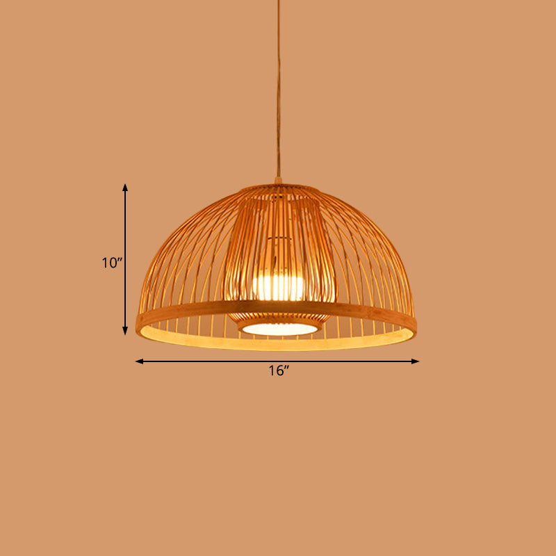 Asian Style Domed Hanging Light Bamboo Single Bulb Pendant Lamp over Dining Table, 16