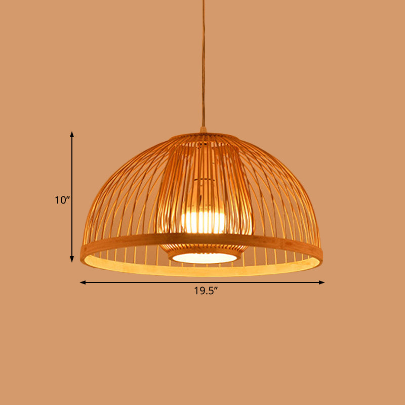 Asian Style Domed Hanging Light Bamboo Single Bulb Pendant Lamp over Dining Table, 16