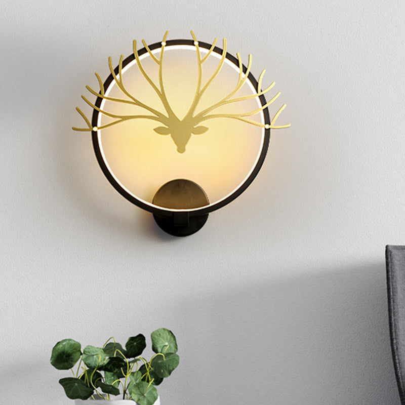 Circular Elk Deer Head Wall Lamp Nordic Style Metal LED Black/Gold Wall Mural Light for Bedside, Warm/White Light Clearhalo 'Wall Lamps & Sconces' 'Wall Lights' Lighting' 1198010