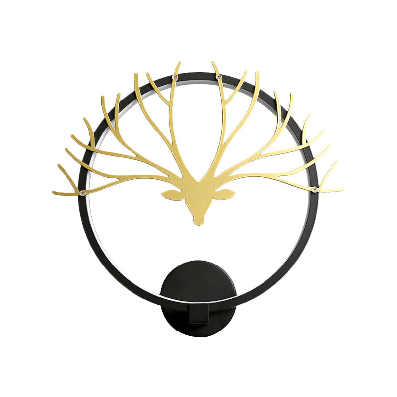 Circular Elk Deer Head Wall Lamp Nordic Style Metal LED Black/Gold Wall Mural Light for Bedside, Warm/White Light Clearhalo 'Wall Lamps & Sconces' 'Wall Lights' Lighting' 1198011