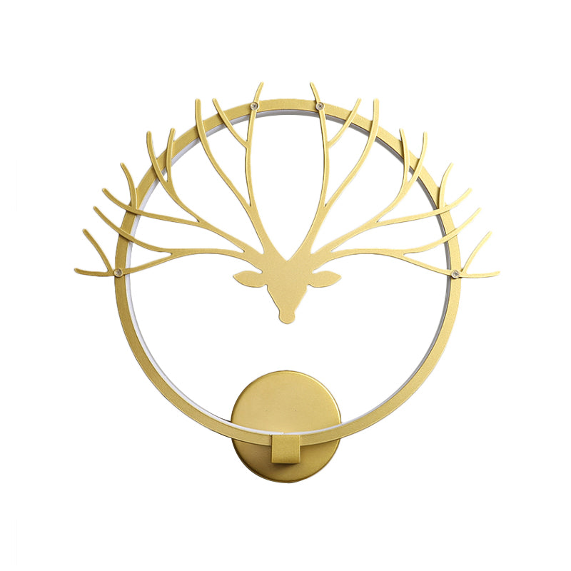 Circular Elk Deer Head Wall Lamp Nordic Style Metal LED Black/Gold Wall Mural Light for Bedside, Warm/White Light Clearhalo 'Wall Lamps & Sconces' 'Wall Lights' Lighting' 1198015