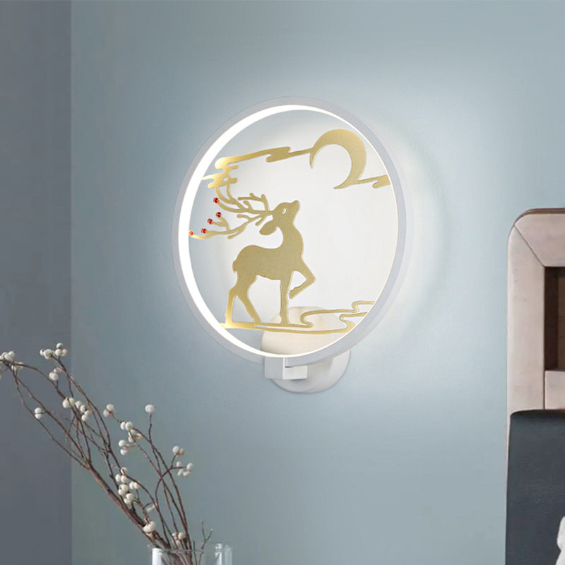 Modernism Style Round Metal Wall Lighting LED Wall Mural Light in Black/White with Elk Deer Pattern, Warm/White Light Clearhalo 'Wall Lamps & Sconces' 'Wall Lights' Lighting' 1198031