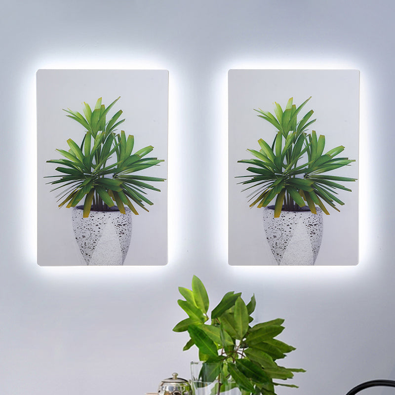 Green and White Rectangle Wall Mural Lamp Simplicity LED Acrylic Wall Lighting Idea with Leaf Pattern Clearhalo 'Wall Lamps & Sconces' 'Wall Lights' Lighting' 1198054