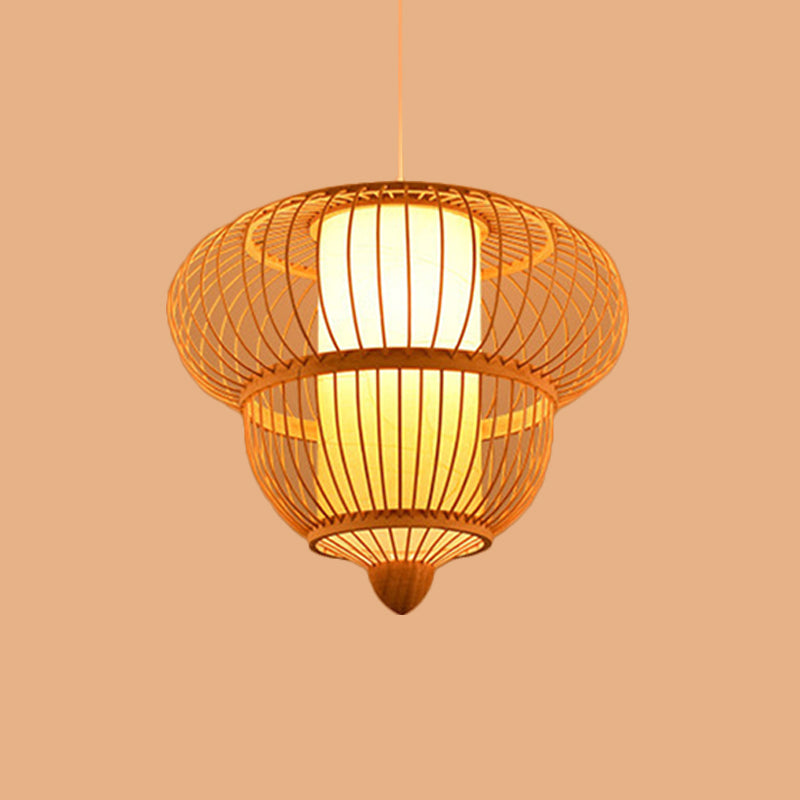 Beige Lantern Hanging Pendant for Restaurant Asian Bamboo Single Head Hanging Light, 16