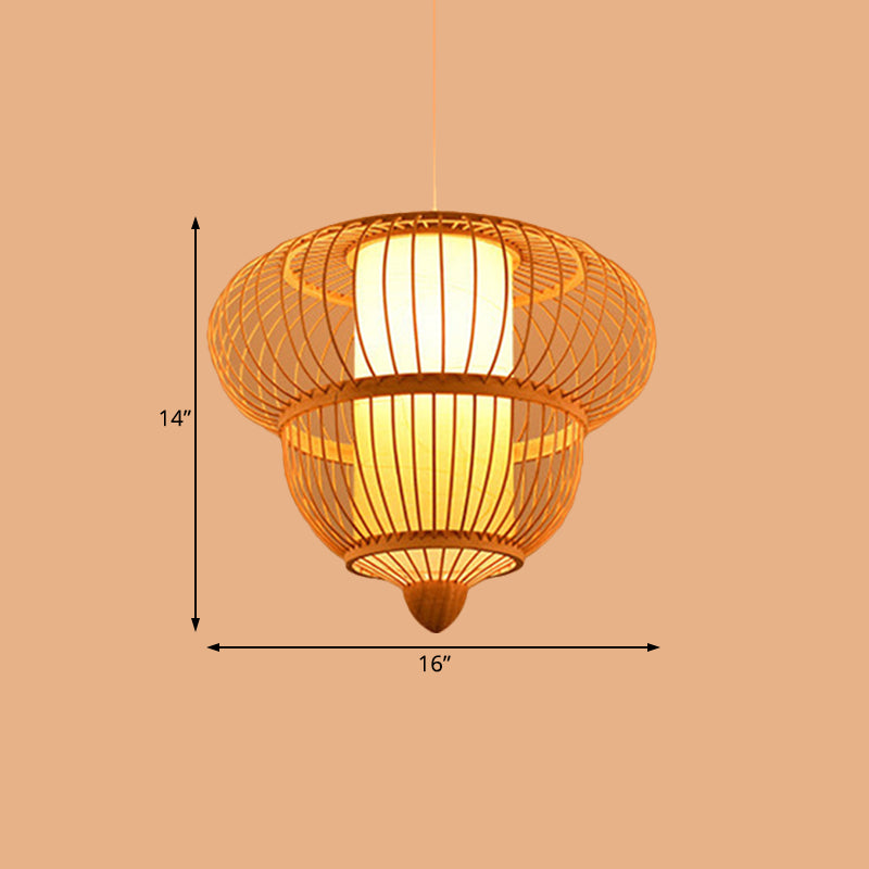 Beige Lantern Hanging Pendant for Restaurant Asian Bamboo Single Head Hanging Light, 16