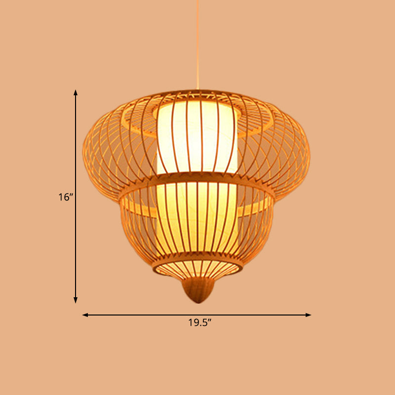 Beige Lantern Hanging Pendant for Restaurant Asian Bamboo Single Head Hanging Light, 16