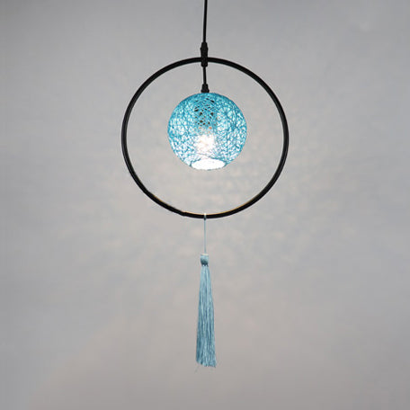 Asian Style Ball Pendant Lamp Woven Rattan 1 Bulb Hanging Light in Beige/Blue/Red with Tassels Clearhalo 'Ceiling Lights' 'Pendant Lights' 'Pendants' Lighting' 120111