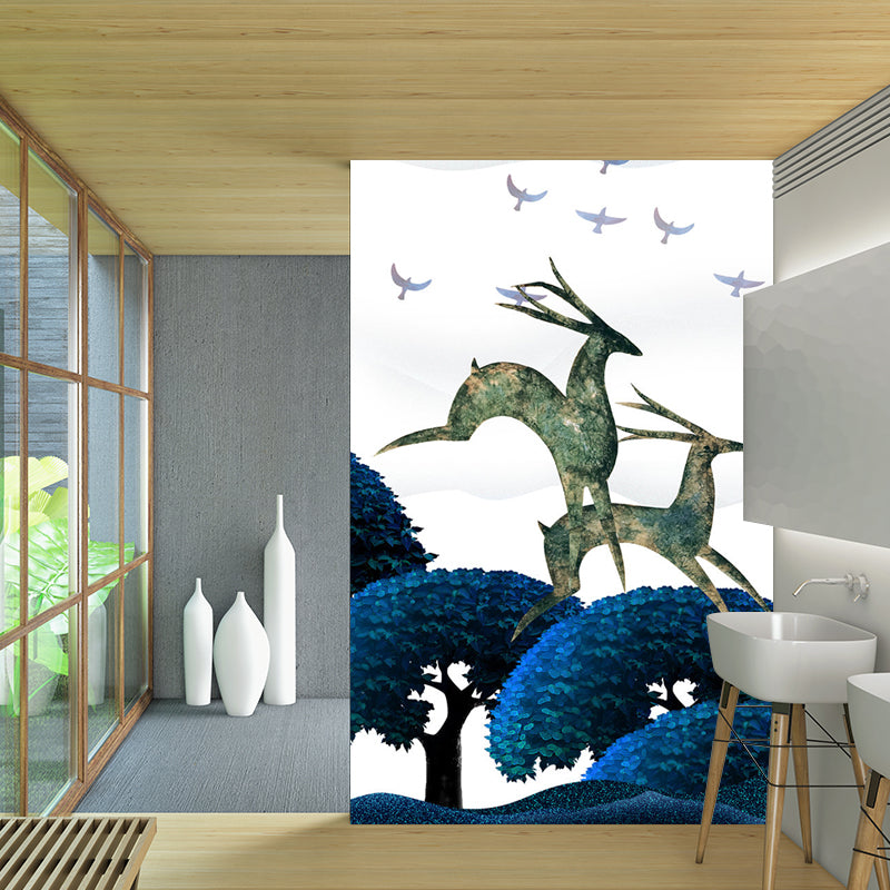 Scandinavian Deers Mural Wallpaper for Bedroom Customized Wall Covering in Blue-Green Clearhalo 'Wall Decor' 'Wall Mural' 1202416