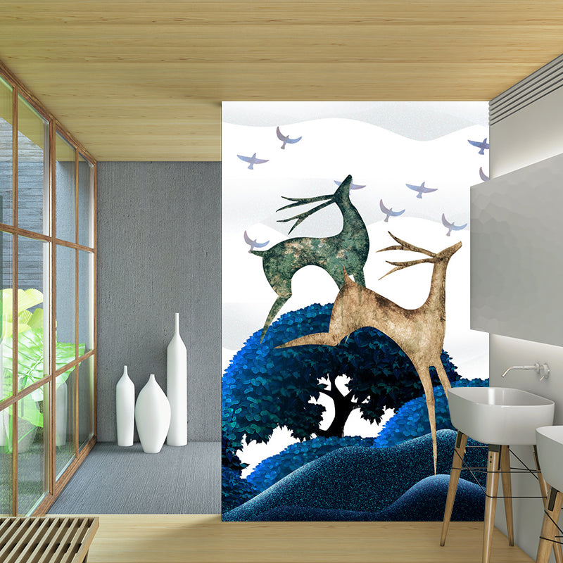 Scandinavian Deers Mural Wallpaper for Bedroom Customized Wall Covering in Blue-Green Clearhalo 'Wall Decor' 'Wall Mural' 1202421