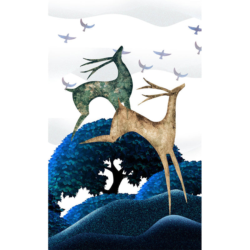 Scandinavian Deers Mural Wallpaper for Bedroom Customized Wall Covering in Blue-Green Clearhalo 'Wall Decor' 'Wall Mural' 1202422