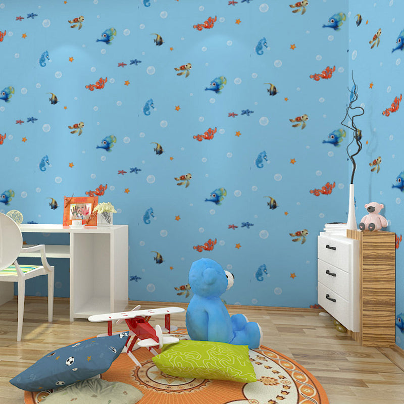 Non-Woven Wallpaper Roll Tropical Sea Animals Kids Bedroom Wall Decor, 57.1-Sq ft Light Blue Clearhalo 'Wall Decor' 'Wallpaper' 1203191