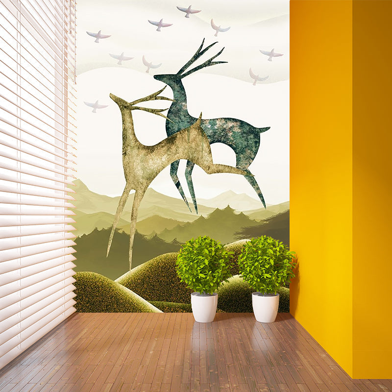 Blue-Brown Deer Mural Decal Animal Nordic Style Stain Resistant Wall Art for Bedroom Clearhalo 'Wall Decor' 'Wall Mural' 1203269