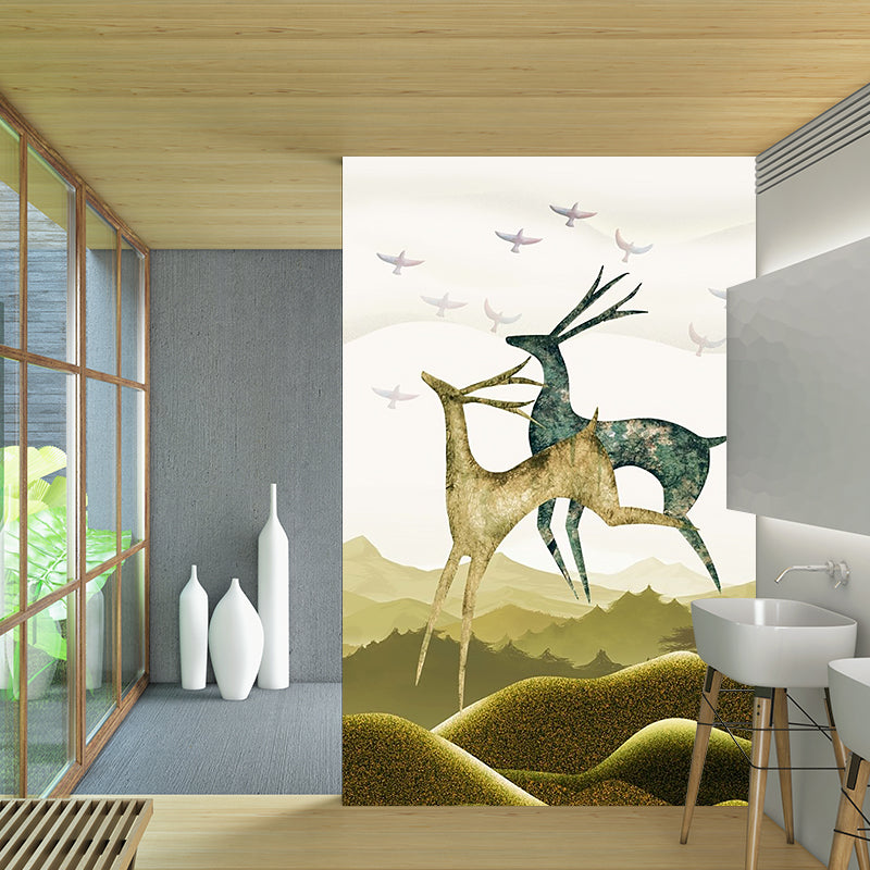 Blue-Brown Deer Mural Decal Animal Nordic Style Stain Resistant Wall Art for Bedroom Clearhalo 'Wall Decor' 'Wall Mural' 1203270