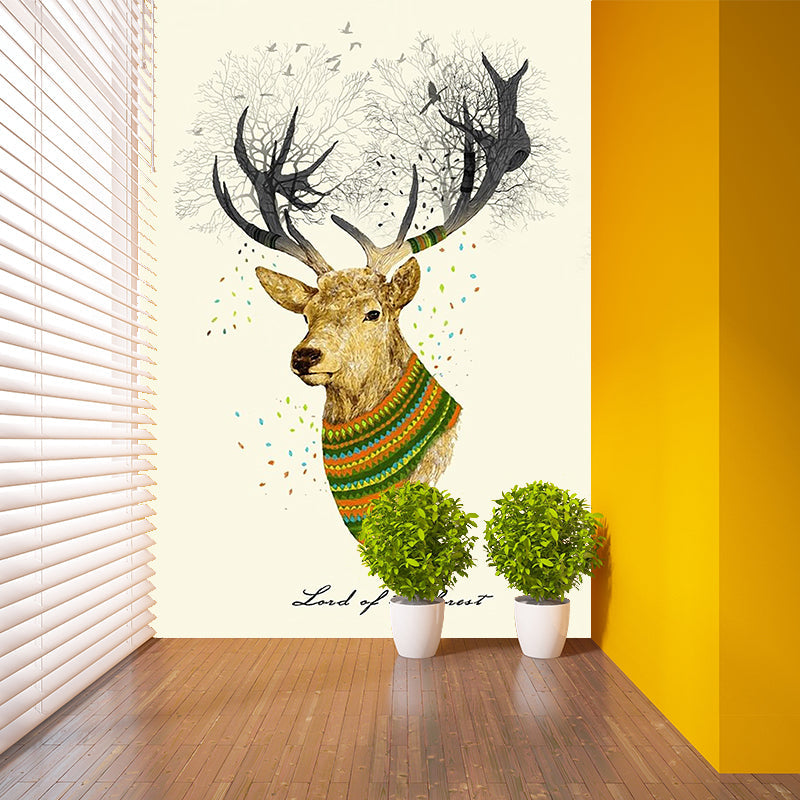 Beige Elk Head Painting Murals Waterproof Nordic Bedroom Wall Covering, Non-Woven Clearhalo 'Wall Decor' 'Wall Mural' 1203279