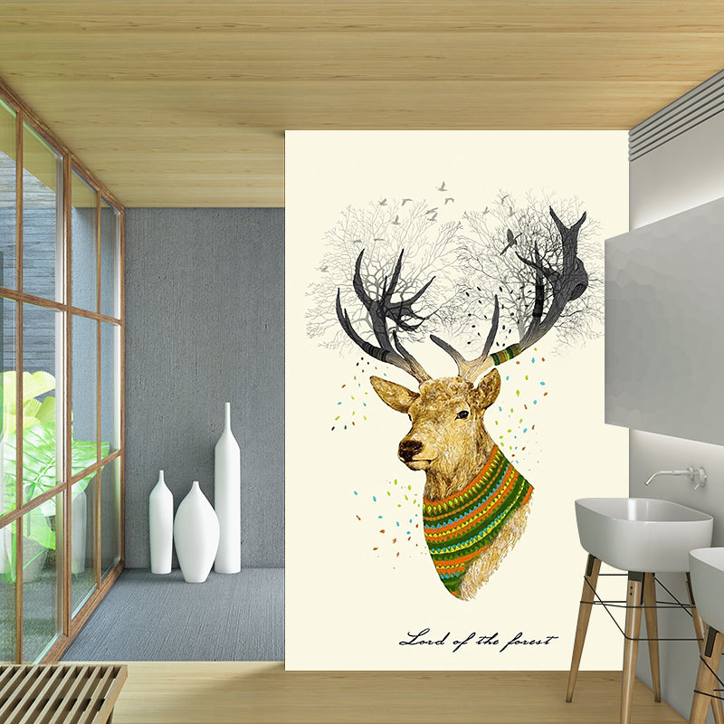 Beige Elk Head Painting Murals Waterproof Nordic Bedroom Wall Covering, Non-Woven Clearhalo 'Wall Decor' 'Wall Mural' 1203280