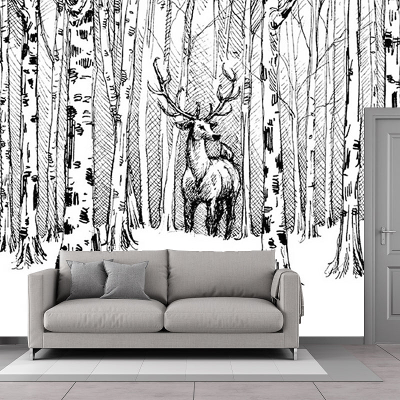 Black-White Modern Art Mural Full Size Deer in Bare Trees Patterned Wall Decor for Home Clearhalo 'Wall Decor' 'Wall Mural' 1203284