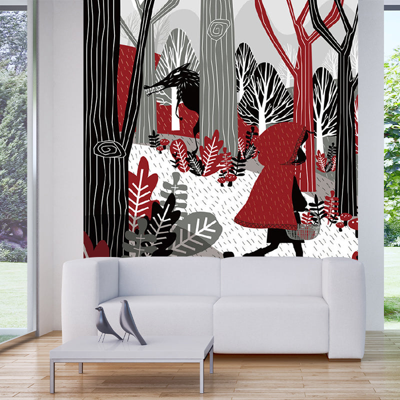 Non-Woven Waterproof Murals Childrens Art Little Red Riding Hood Fable Wall Decor Black-Red Clearhalo 'Wall Decor' 'Wall Mural' 1203288