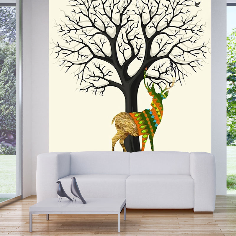 Deer and Leafless Tree Mural Nordic Moisture Resistant Bedroom Wall Covering, Custom Made Beige Clearhalo 'Wall Decor' 'Wall Mural' 1203293