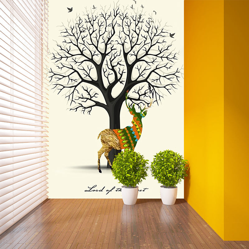 Deer and Leafless Tree Mural Nordic Moisture Resistant Bedroom Wall Covering, Custom Made Clearhalo 'Wall Decor' 'Wall Mural' 1203294