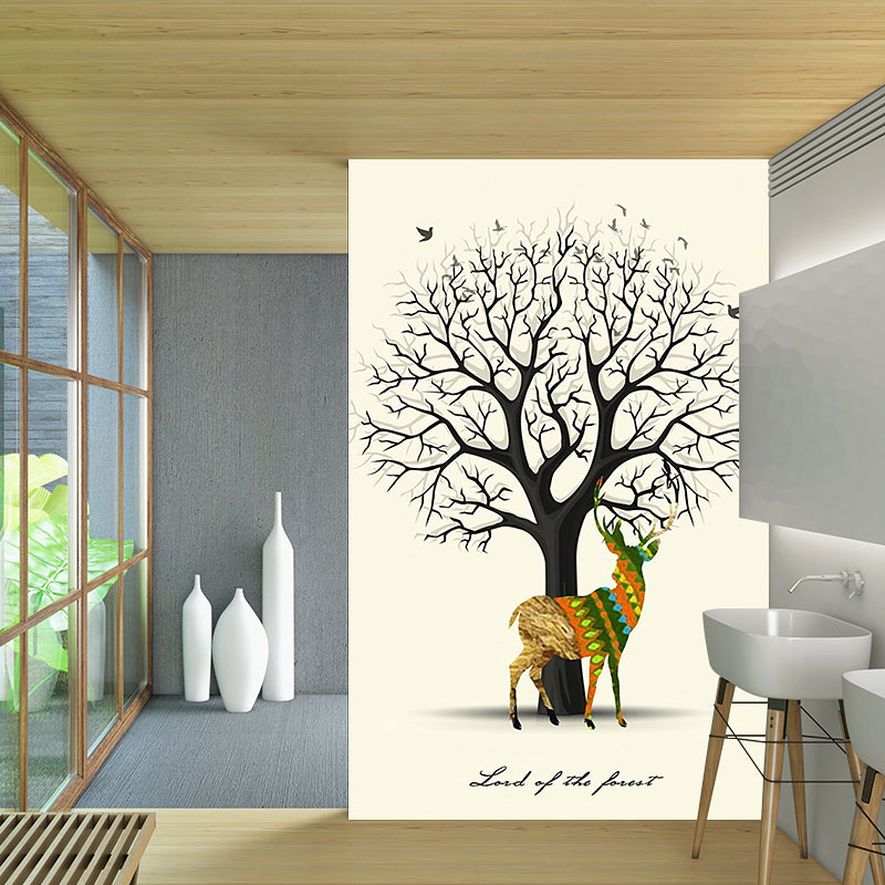 Deer and Leafless Tree Mural Nordic Moisture Resistant Bedroom Wall Covering, Custom Made Clearhalo 'Wall Decor' 'Wall Mural' 1203295