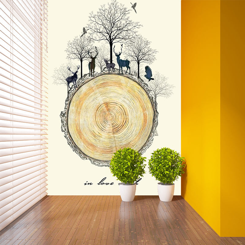 Decorative Deers Wall Mural Decal Beige Wood Trunk Wall Art for Living Room, Optional Size Clearhalo 'Wall Decor' 'Wall Mural' 1203309