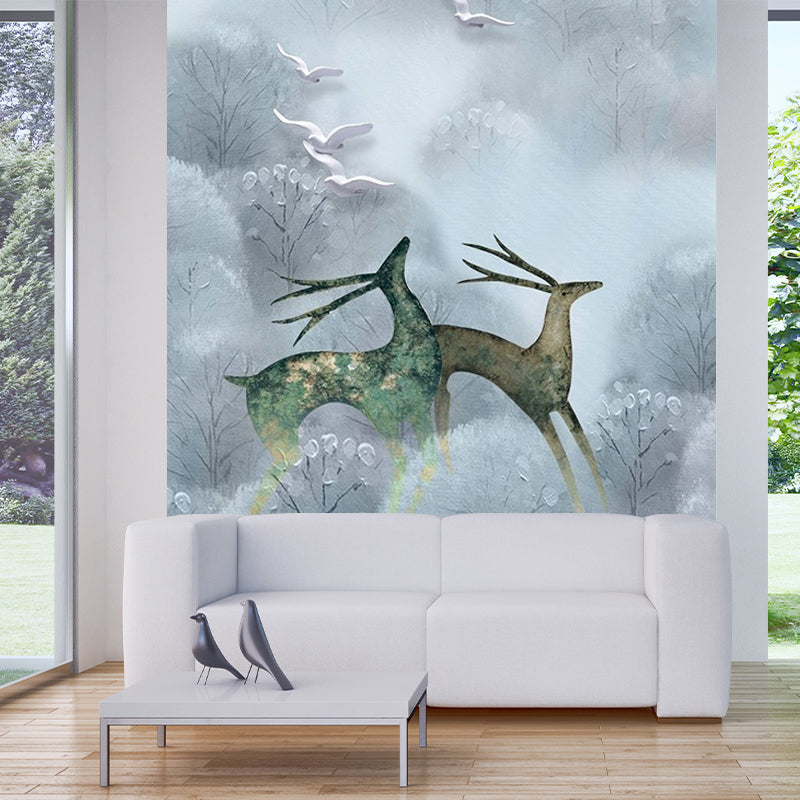 Large Scandinavian Wall Murals Grey and Blue Deers in Foggy Bushes Wall Decor, Customized Size Gray-Blue Clearhalo 'Wall Decor' 'Wall Mural' 1203313