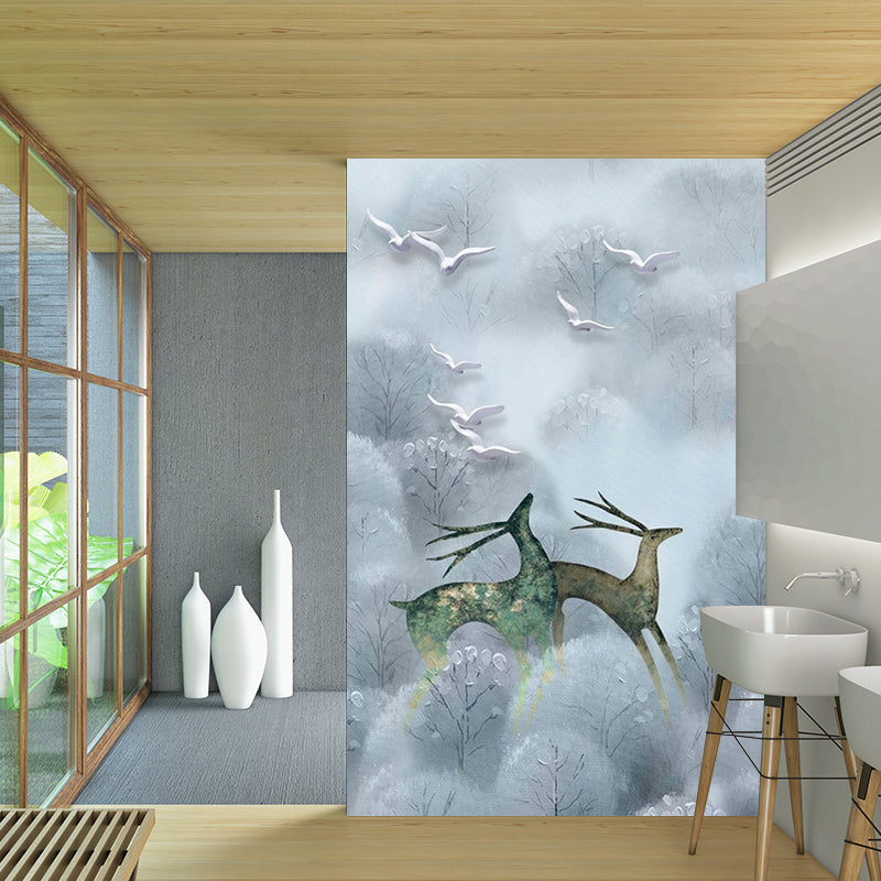 Large Scandinavian Wall Murals Grey and Blue Deers in Foggy Bushes Wall Decor, Customized Size Clearhalo 'Wall Decor' 'Wall Mural' 1203315