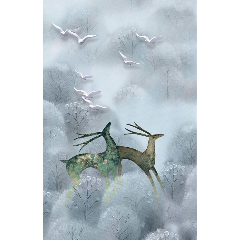 Large Scandinavian Wall Murals Grey and Blue Deers in Foggy Bushes Wall Decor, Customized Size Clearhalo 'Wall Decor' 'Wall Mural' 1203316