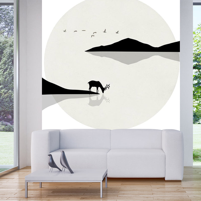 Minimalist Lakeside Deer Drinking Murals Black-White Stain Resistant Wall Covering for Home Black-White Clearhalo 'Wall Decor' 'Wall Mural' 1203318