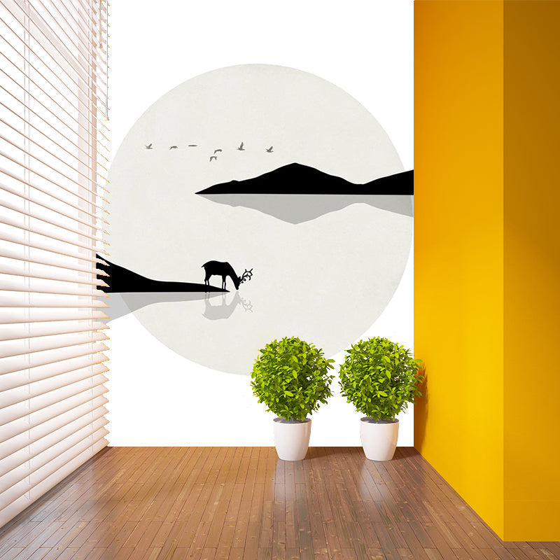 Minimalist Lakeside Deer Drinking Murals Black-White Stain Resistant Wall Covering for Home Clearhalo 'Wall Decor' 'Wall Mural' 1203319