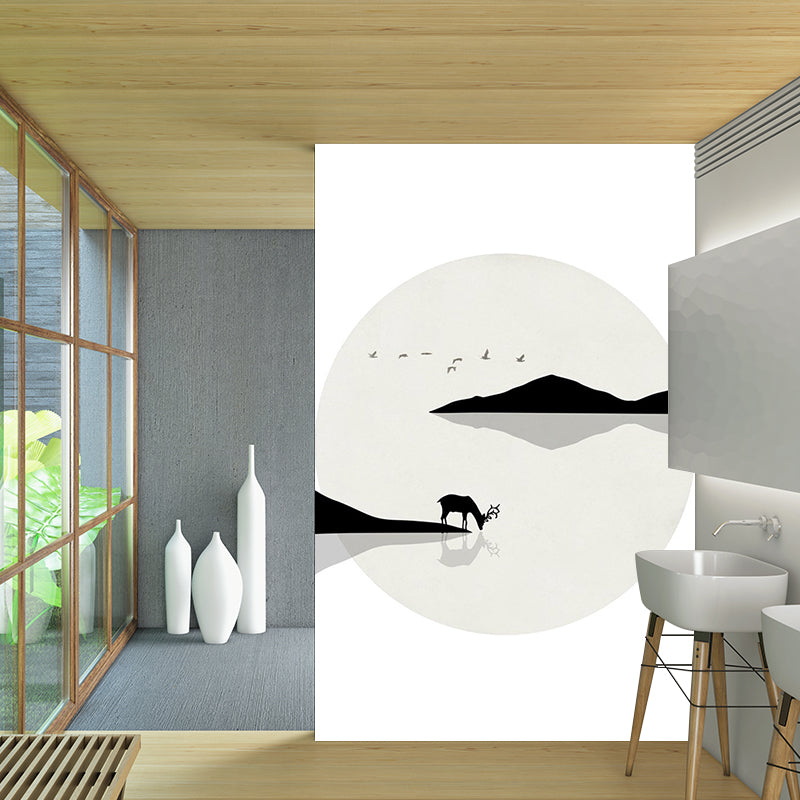 Minimalist Lakeside Deer Drinking Murals Black-White Stain Resistant Wall Covering for Home Clearhalo 'Wall Decor' 'Wall Mural' 1203320