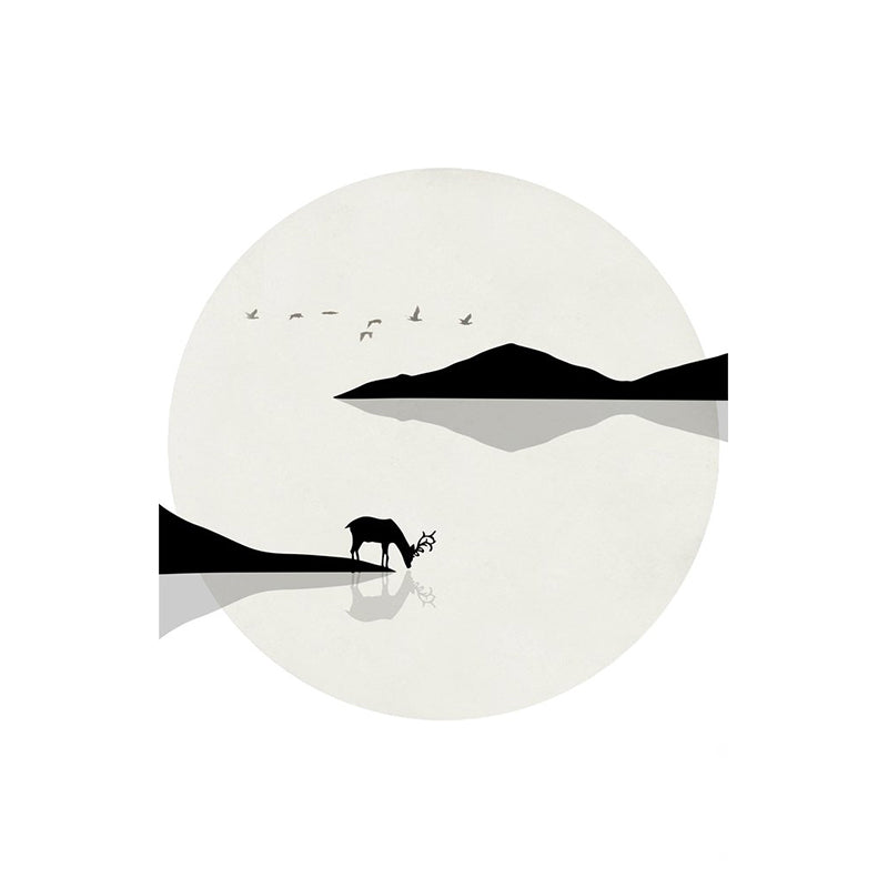 Minimalist Lakeside Deer Drinking Murals Black-White Stain Resistant Wall Covering for Home Clearhalo 'Wall Decor' 'Wall Mural' 1203321