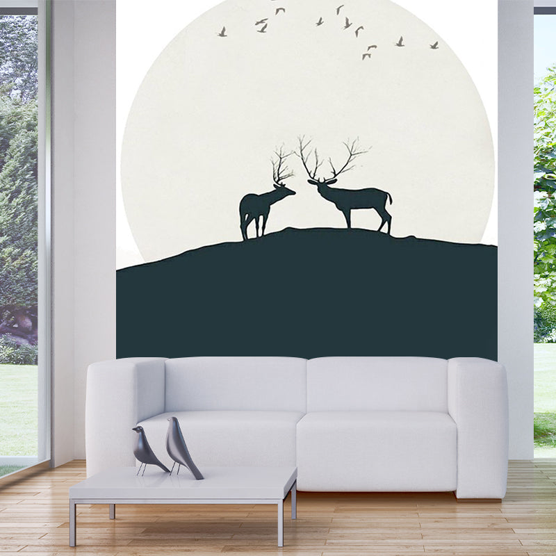 Deers Under Huge Moon Mural Decal Black and White Minimalistic Wall Art for Bedroom Black-White Clearhalo 'Wall Decor' 'Wall Mural' 1203331