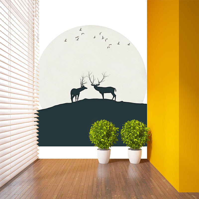 Deers Under Huge Moon Mural Decal Black and White Minimalistic Wall Art for Bedroom Clearhalo 'Wall Decor' 'Wall Mural' 1203332