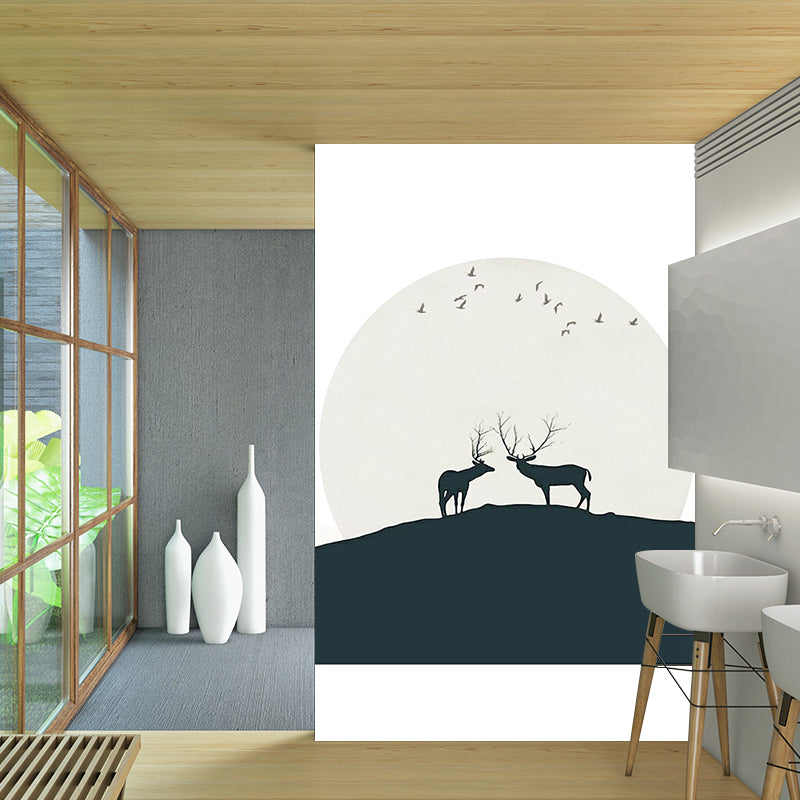 Deers Under Huge Moon Mural Decal Black and White Minimalistic Wall Art for Bedroom Clearhalo 'Wall Decor' 'Wall Mural' 1203333