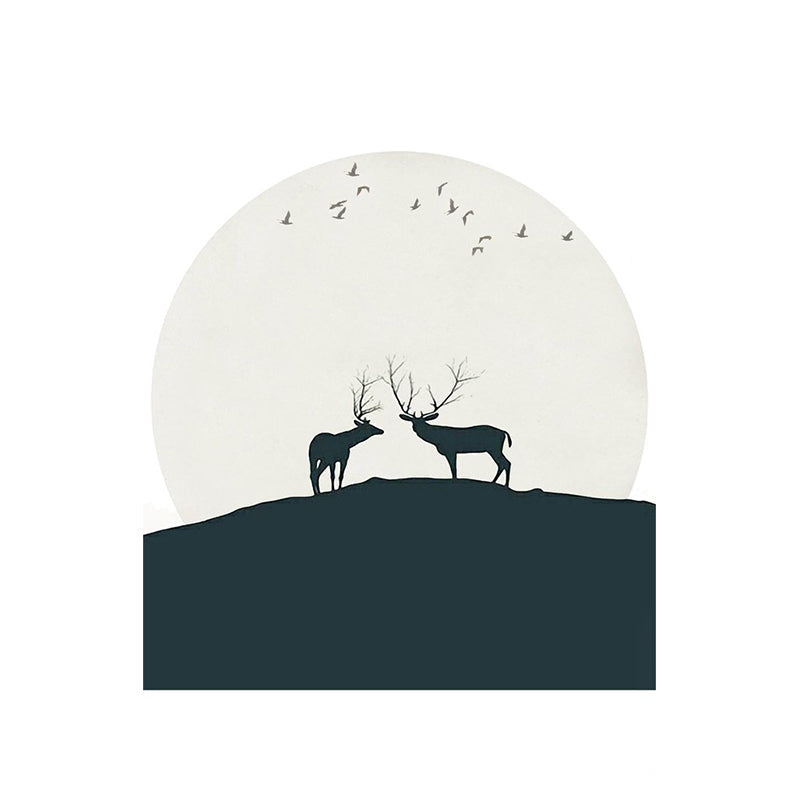 Deers Under Huge Moon Mural Decal Black and White Minimalistic Wall Art for Bedroom Clearhalo 'Wall Decor' 'Wall Mural' 1203334