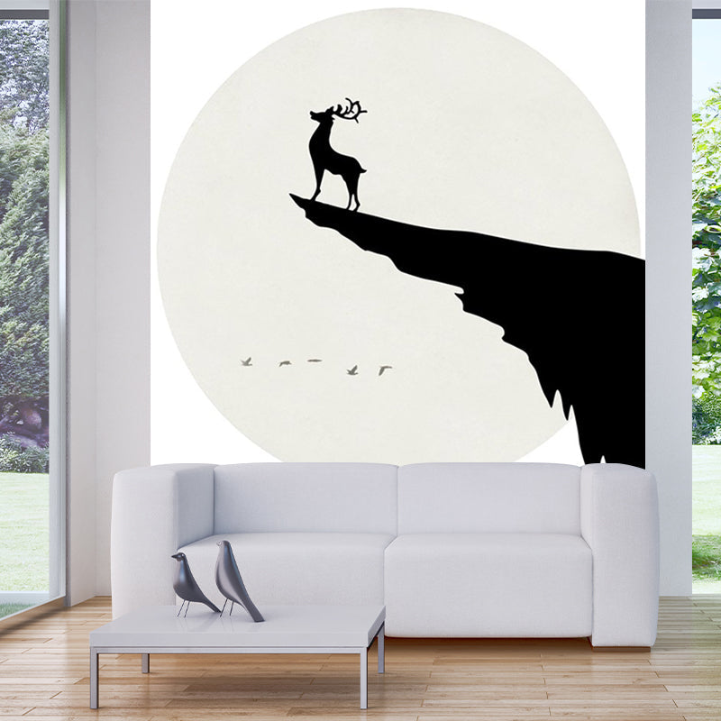 Custom Illustration Simple Wall Murals with Deer on Cliff at Full Moon Night Pattern in Black-White Black-White Clearhalo 'Wall Decor' 'Wall Mural' 1203336