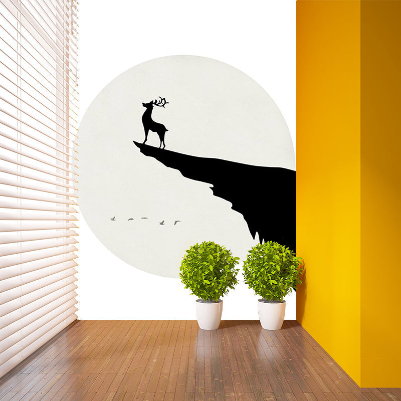 Custom Illustration Simple Wall Murals with Deer on Cliff at Full Moon Night Pattern in Black-White Clearhalo 'Wall Decor' 'Wall Mural' 1203337