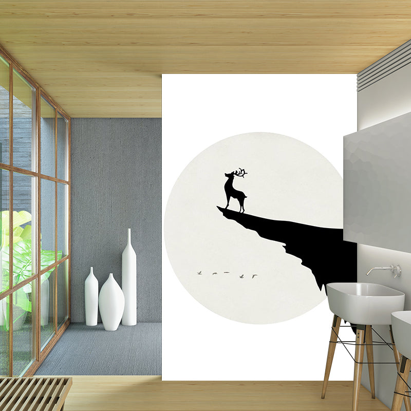 Custom Illustration Simple Wall Murals with Deer on Cliff at Full Moon Night Pattern in Black-White Clearhalo 'Wall Decor' 'Wall Mural' 1203338