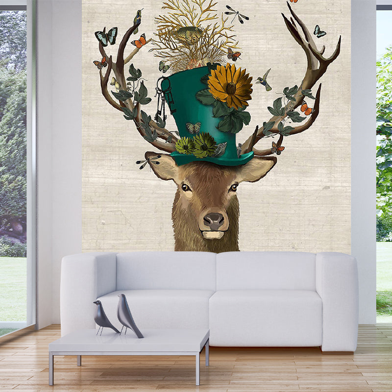 Illustration Deer Gentleman Murals Large Wall Covering for Living Room, Made to Measure Blue-Brown Clearhalo 'Wall Decor' 'Wall Mural' 1203342