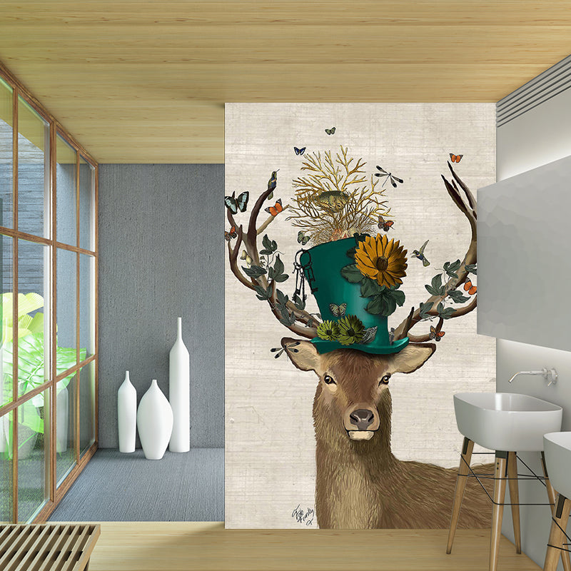 Illustration Deer Gentleman Murals Large Wall Covering for Living Room, Made to Measure Clearhalo 'Wall Decor' 'Wall Mural' 1203344