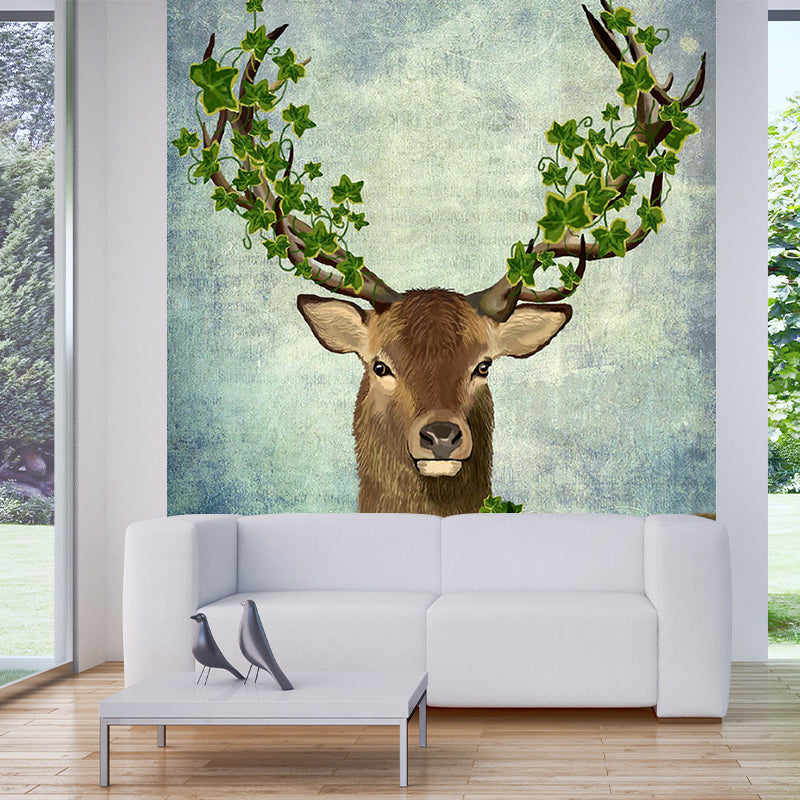 Brown Deer with Garland Mural Stain-Resistant Wall Decor for Home Gallery, Custom-Print Brown Clearhalo 'Wall Decor' 'Wall Mural' 1203347