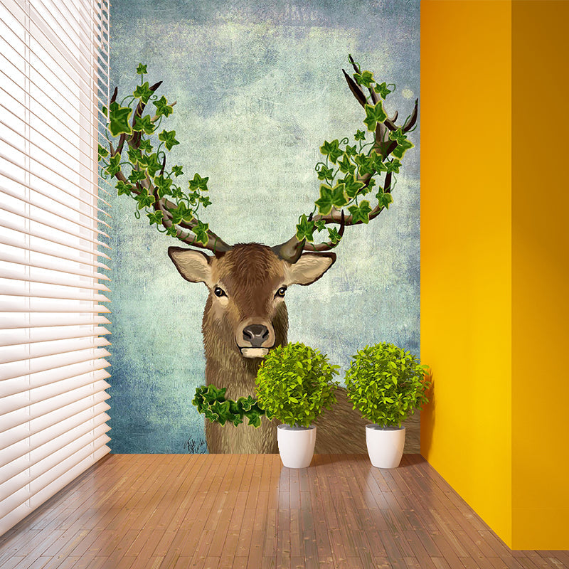 Brown Deer with Garland Mural Stain-Resistant Wall Decor for Home Gallery, Custom-Print Clearhalo 'Wall Decor' 'Wall Mural' 1203348